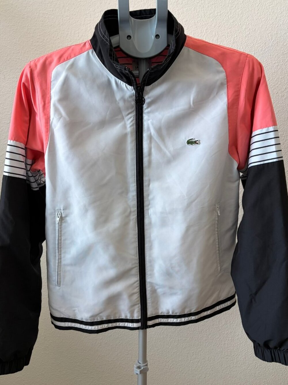 Lacoste Sport Windbreaker Jacket Womens 40 White Pink Colorblock Striped Zip Up